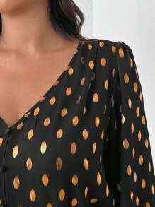 SHEIN Frenchy Plus Size Women's V-Neck Long Sleeve Blouse With Golden Dot Print, Spring/Summer