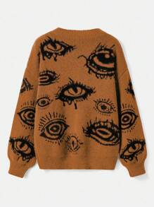 ROMWE Grunge Punk Women Autumn And Winter Eye Pattern Round Neck Drop Shoulder Long Sleeve Loose Casual Pullover Sweater - Multicolor - View 4