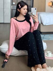 DAZY 波点印花二合一荷叶边露背家居服套装，舒适保暖，秋冬睡衣