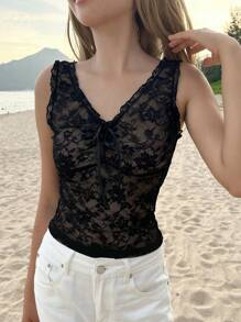 SHEIN EZwear Áo ba lỗ hở vai cổ chữ V ren đen đơn giản cho nữ - màu đen - Xem 5