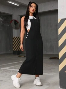 女式夏季休闲侧扣设计牛仔连体裤 - 黑色 - 查看 5