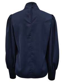 Women's Elegant Solid Color Stand Collar Puff Sleeve Blouse, Spring/Autumn,Long Sleeve Tops - Navy Blue - View 2