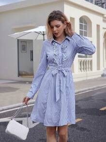 Aveloria Rosie Vestido camisero de manga larga a la rodilla con cuello bordado a rayas, con cinturón en la cintura, vestido de verano para maestras