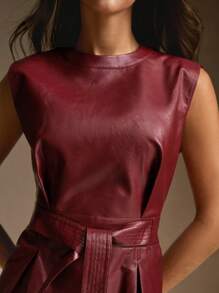 Anewsta 纯色圆领无袖休闲系带 PU 连衣裙酒红色金属长款女装 - 酒紅色 - 查看 4