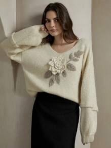 Anewsta 女士秋季休闲 3D 花卉装饰针织毛衣