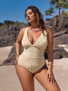 Swim Chiccia Bộ đồ bơi một mảnh thời trang bó sát cỡ lớn mùa hè - Màu be - Xem 6