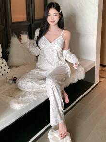 DAZY 3件套碎花吊带背心、长袖睡袍和长裤睡衣套装，秋冬服装 - 米色 - 查看 7