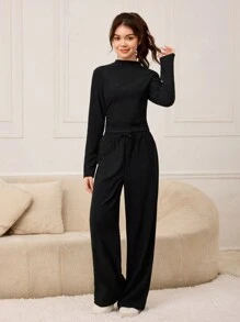 SHEIN 2pcs Teenage Girl's Stand Collar Textured Long Sleeve T-Shirt + Loose Fit Casual Pants Set - Black - View 5