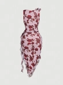 SHEIN MOD Plus Size Rose Floral Print Vintage Romantic Big 3D Floral Sleeveless Asymmetrical Hem Dress, Formal Dress, Prom Dress - Multicolor - View 2