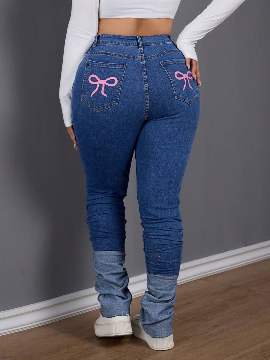 SHEIN SXY Quần Jeans Denim Cỡ Lớn Có Họa Tiết Bướm Màu Tương Phản & Thiết Kế Nơ, Ôm Vừa - Màu xanh lam - Xem 1