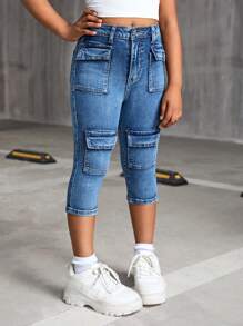 SHEIN Quần Capri túi lật thời trang Y2K Stonewashed Fit cho bé gái tuổi teen, Quần Jeans dạo phố thời trang thu đông cho bé gái tuổi teen - Rửa trung bình - Xem 6