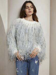 Anewsta Faux Feather Knit Sweater, Casual Everyday Wear, Knit Pullover Fall Winter - Green - View 1