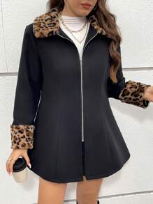 SHEIN Essnce Chaqueta con cremallera negra de vestir informal con parche de estampado de leopardo para mujer talla grande, ropa de mujer de otoño e invierno, abrigos de invierno, conjuntos