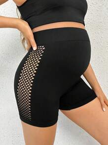 SHEIN 日常休闲运动瑜伽孕妇镂空透气托腹高腰短裤无缝瑜伽设计高弹力适合各种场景孕妇 - 黑色 - 查看 5