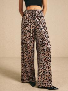 Poéselle Pantalones casuales de mujer con estampado de leopardo y anudado delantero, pantalones palazzo