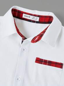 SHEIN Tween Boy Casual College Style Plaid Fabric Collared Pocket Long Sleeve Solid Shirt
