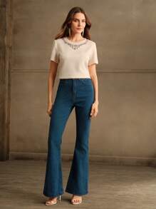 Anewsta Áo thun đơn giản đính đá Rhinestone giản dị dành cho nữ - Màu be - Xem 3