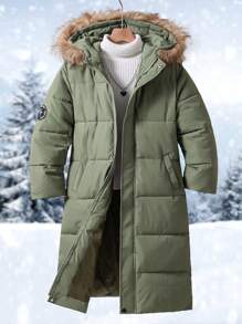 Manteau matelassé long décontracté et ample avec capuche en fourrure et motif de lettres pour filles pré-adolescentes en hiver - Militaire verte - Voir 1