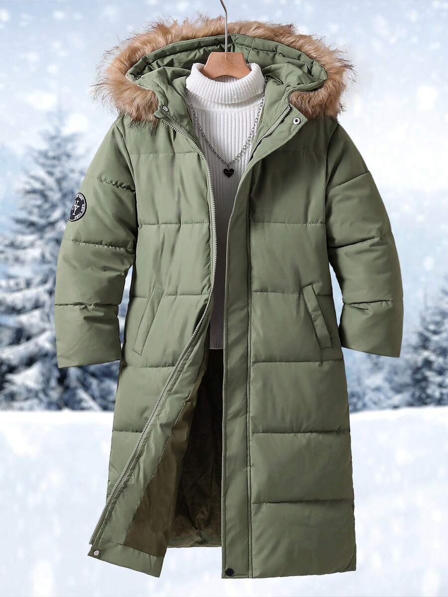 Manteau matelassé long décontracté et ample avec capuche en fourrure et motif de lettres pour filles pré-adolescentes en hiver - Militaire verte - Voir 1