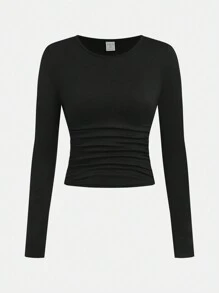 SHEIN Girlism Juego de 3 piezas de camisetas de manga larga casuales de unicolor con cuello redondo fruncido para adolescentes