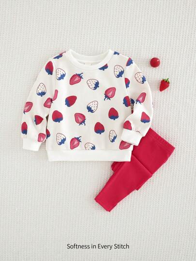 Cozy Pixies 2 件装女婴草莓图案针织柔软圆领长袖运动衫和裤子套装