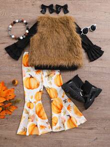 3 件套年轻女孩秋冬毛绒背心和纯色上衣和南瓜印花喇叭裤套装，感恩节万圣节服装 - 駝色 - 查看 2