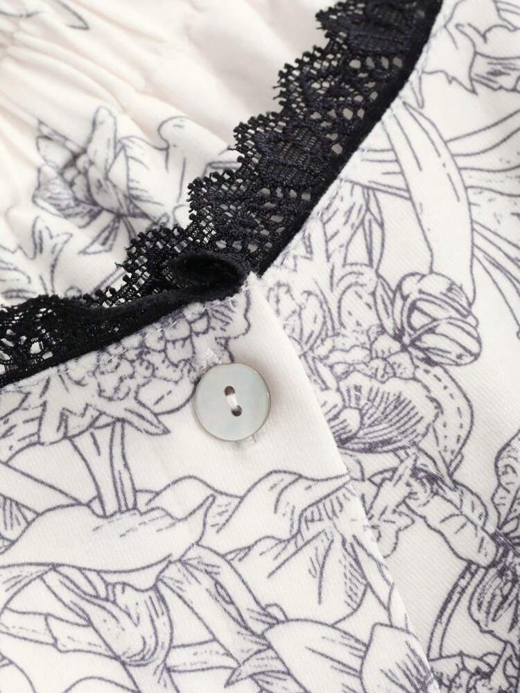 Line Drawing Pattern All Over Print Patchwork Lace Trim Pajama Set