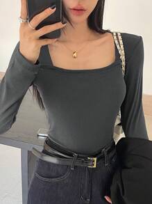 DAZY Áo thun nữ cổ tròn tay dài màu trơn, họa tiết gân, thường ngày, thời trang xuân hè thu - Xám - Xem 7