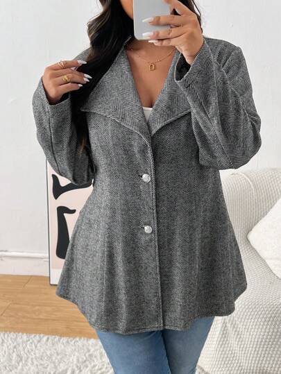 SHEIN Frenchy Blazer gris casual de espiga talla grande, ropa de mujer para otoño/invierno
