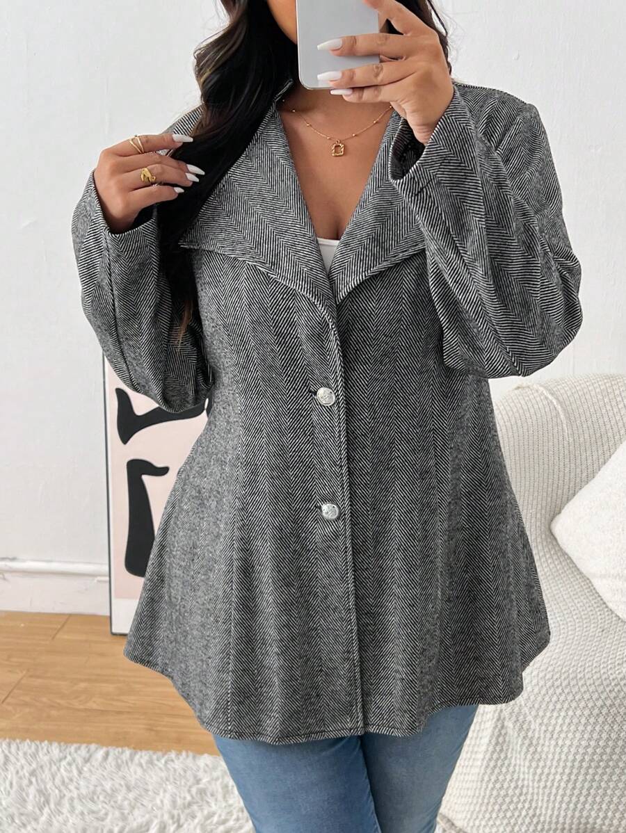 SHEIN Frenchy Plus Size Grey Casual Herringbone Blazer,Autumn/Winter, Women Clothes Fall/Winter - Grey - View 1
