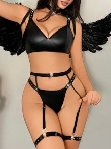 6件套时尚仿皮性感女士内衣套装，万圣节主题 - 黑色 - 查看 1