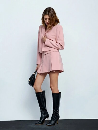 Maija 女士粉色纯色西装外套和百褶迷你裙优雅套装，秋季