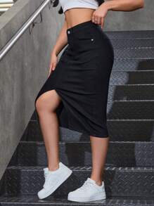 SHEIN Privé 女式中长休闲牛仔 A 字裙，带口袋和开衩