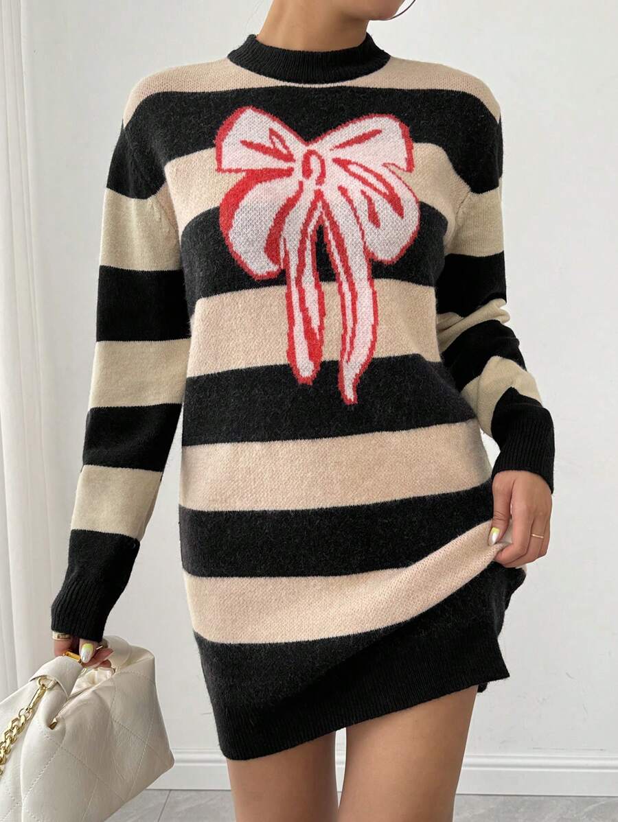 Chiquease 圆领长袖蝴蝶结条纹休闲针织连衣裙