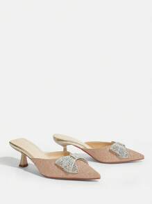 CUCCOO TILAWA Women's Square Toe Thin Heel Glitter Butterfly Decor Slip-On Sandals, Comfortable & Versatile Design For Daily, Party Or Festival Wear Fall - Rose Gold - View 4