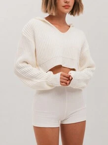 SHEIN X PERLA SHEIN Unity 女士纯色落肩长袖连帽短款休闲毛衣，秋冬季 - 白色 - 查看 4