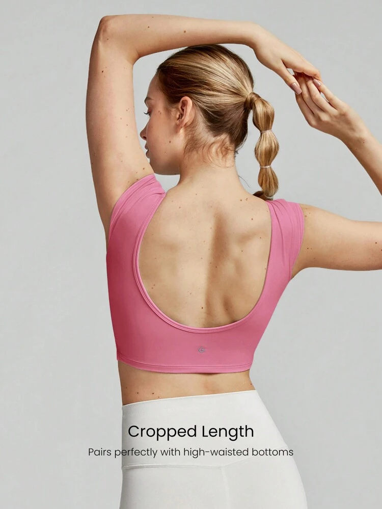 FeatherFit™ Just Do U-Back Cap Sleeve Slit Hem Crop Tank Top Low Impact Yoga Pilates Daily