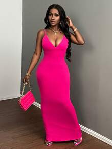 Slaydiva 性感/优雅细肩带紧身紫红色长款低胸荷叶边女式连衣裙 - 玫紅色 - 查看 1