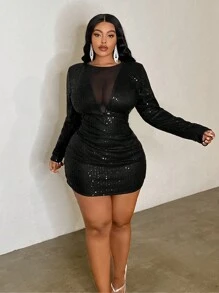 Slaydiva Plus Size Elegant Asymmetric Shoulder Sequin Patchwork Mini Black Dress, Fall/Winter - Black - View 3