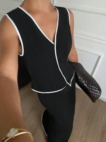 Siren Gaze 女士春夏优雅撞色边饰背心和超长裙两件套 - 黑色 - 查看 3