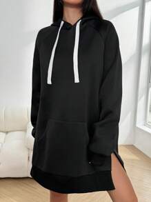 SHEIN EZwear 女式春秋长袖抽绳连帽休闲针织黑色迷你连衣裙 - 黑色 - 查看 1