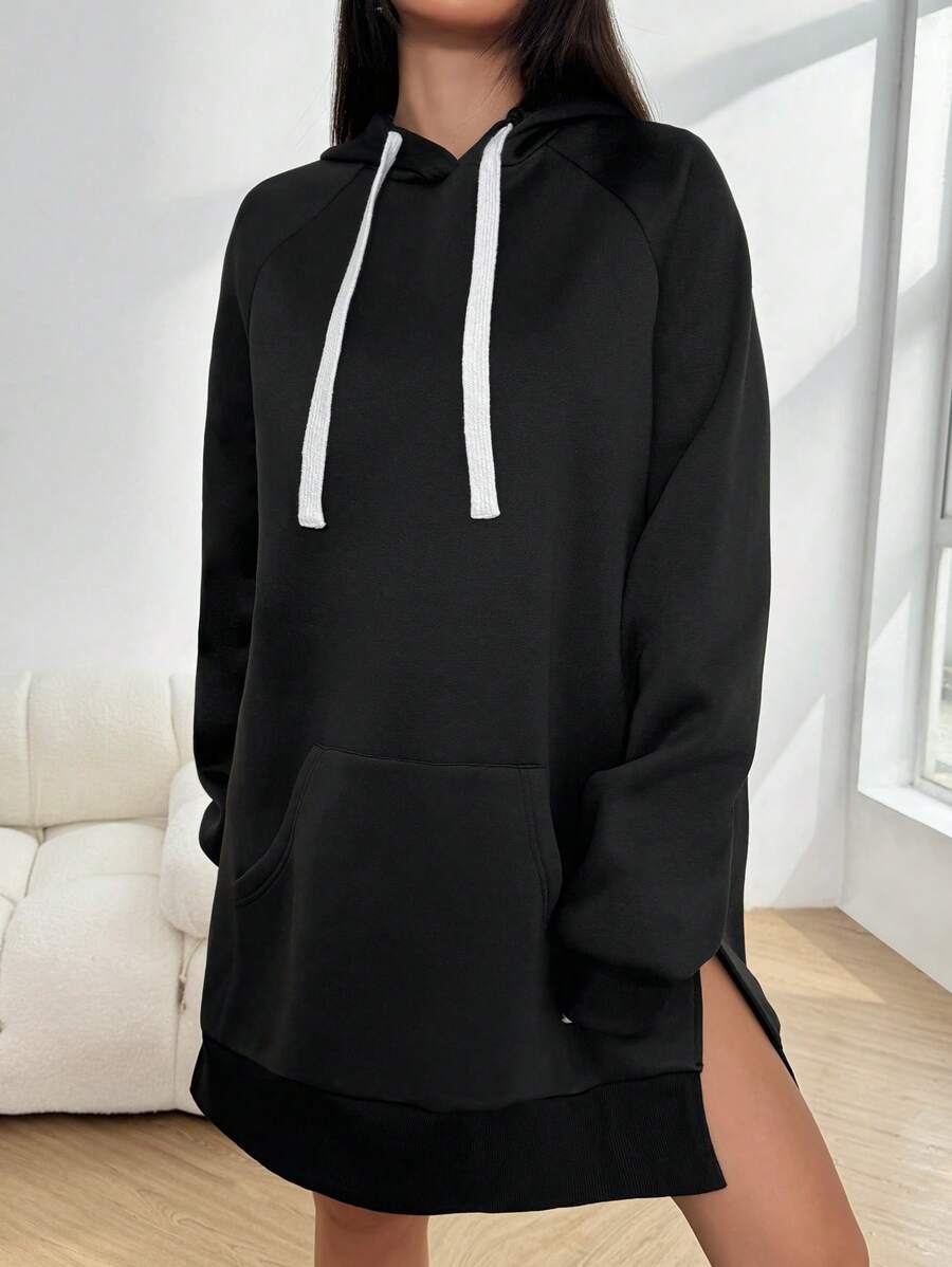 SHEIN EZwear 女式春秋长袖抽绳连帽休闲针织黑色迷你连衣裙 - 黑色 - 查看 1