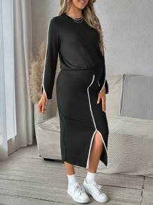 SHEIN 2 Stücke Set aus Umstandsmode mit Rundhalsausschnitt Langarmshirt und Rock mit Schlitzdetail am Saum, für Frühling & Herbst - Schwarz - Übersicht 3