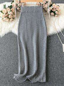 Chiquease Grey Maxi Fish Tail Skirt Knit Sweater Skirt For Women