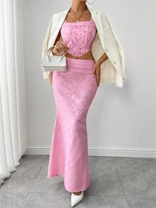 Zolique 女士花卉提花褶皱腰鱼尾下摆长裙 - 粉色 - 查看 1