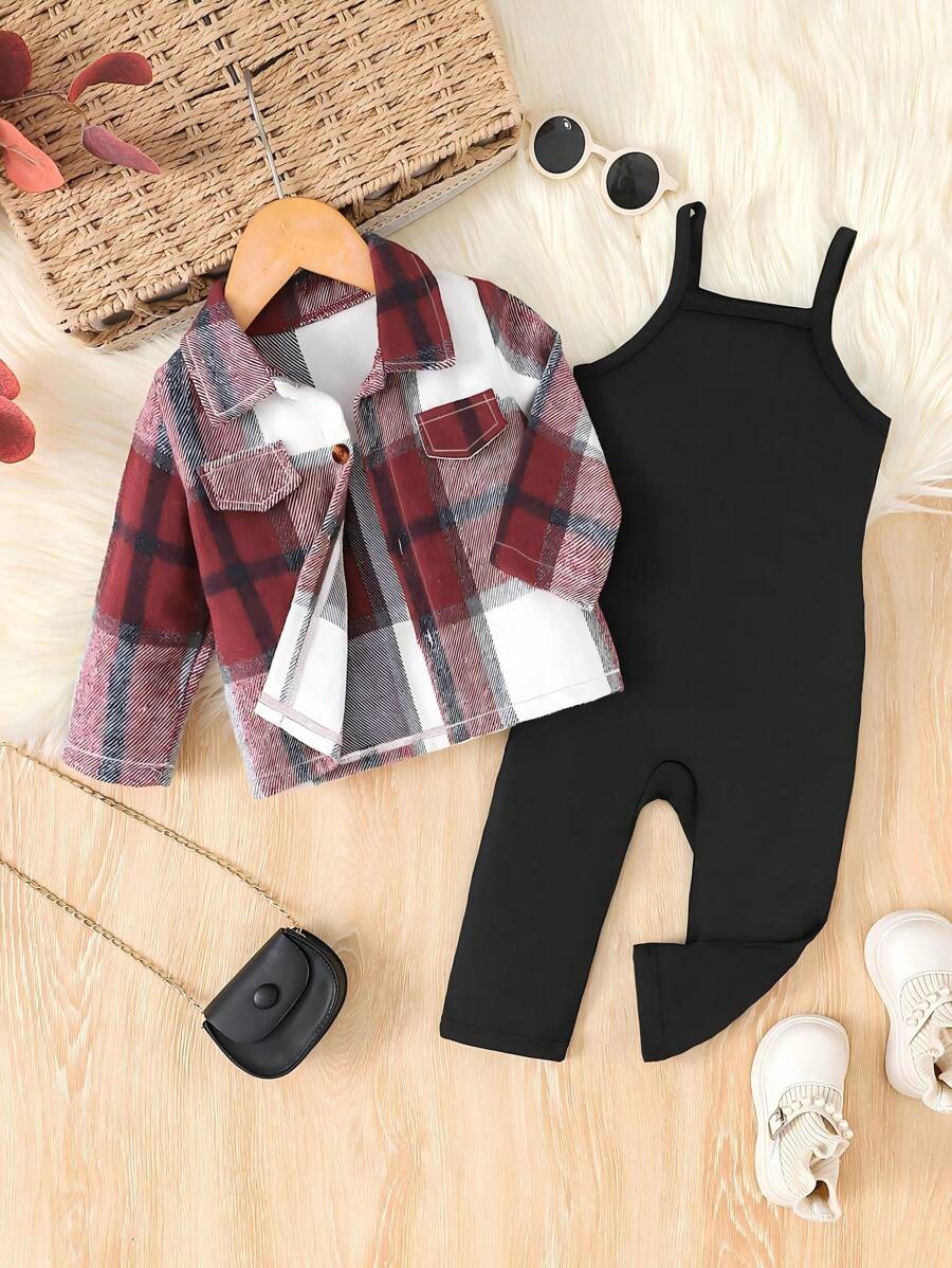 2 件套女婴复古格纹印花连体裤和休闲运动装，秋季 - 酒紅色 - 查看 1