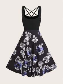 SHEIN Unity Women Mid-Length Floral Print Criss-Cross Tie Patchwork A-Line Dress