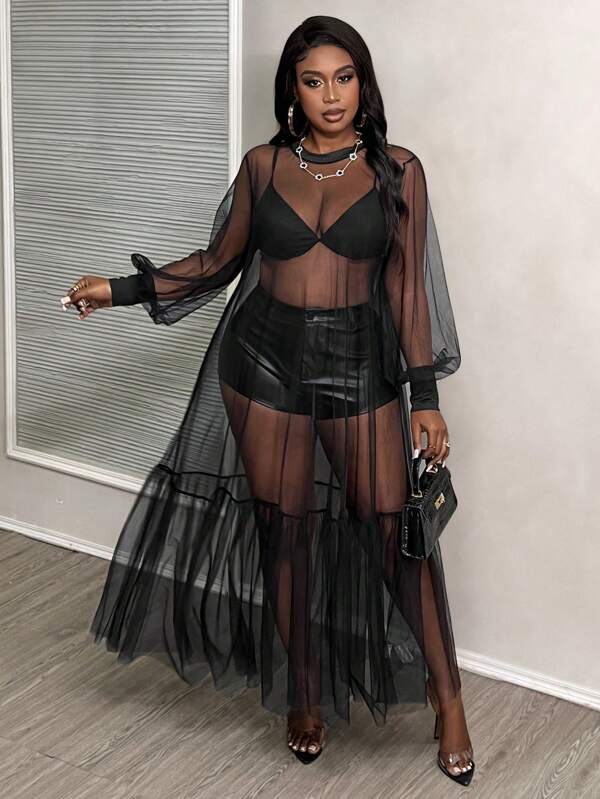 Slaydiva 2024 New Easter Western Sexy Streetwear pentru femei Gyaru Sheer Mesh Rochie A-Line cu mânecă lungă, lejeră, de culoare solidă, negru