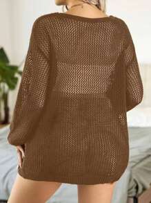 Calvaya Plus Size Solid Color Round Neck Long Sleeve Hollow Out Casual Sweater Knit Pullover Fall Winter - Khaki - View 2