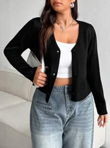 Flirla Plus Size Women Black Simple Loose Sweater Cardigan, For Winter - Black - View 6